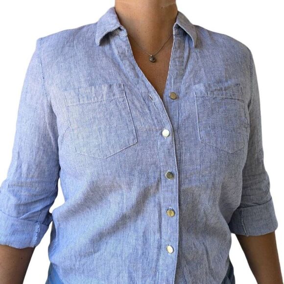 JM Collection Blue White Striped Textured Button Down Collared Shirt Top Size 8 - Picture 2 of 6